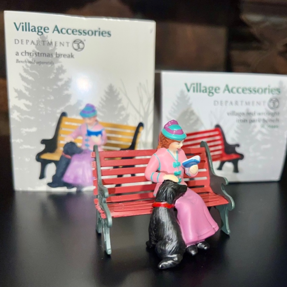 DEPT 56 A CHRISTMAS BREAK 6005505 & RED WROUGHT IRON PARK BENCH 56.56445~2 ITEMS